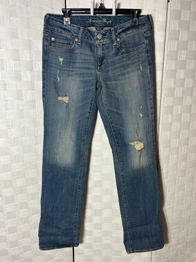 American Eagle Outfitters Low Rise Straight Leg Distressed Blue Jeans Size 10